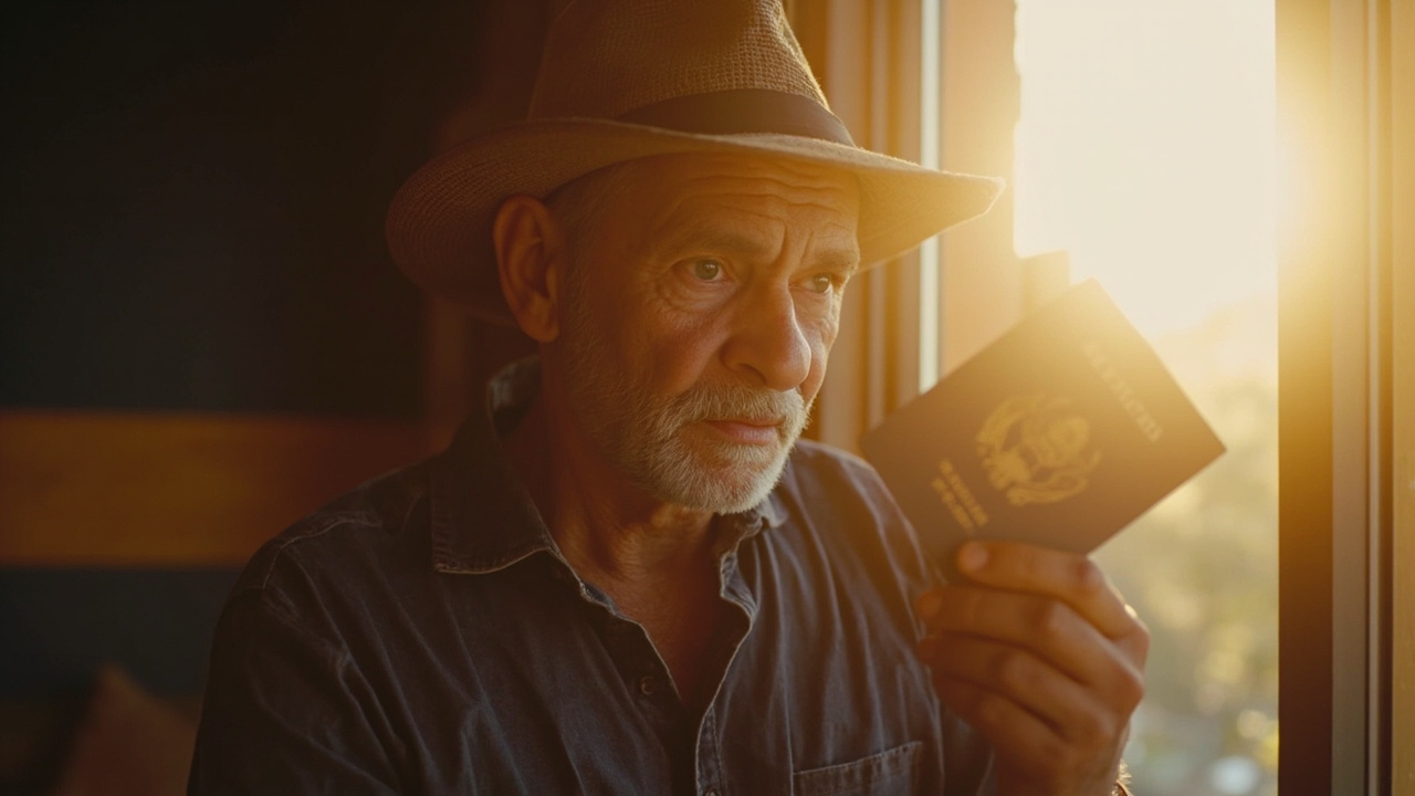American traveler holding a slightly worn blue US passport up to soft window light, inspecting the cover and edges before a trip