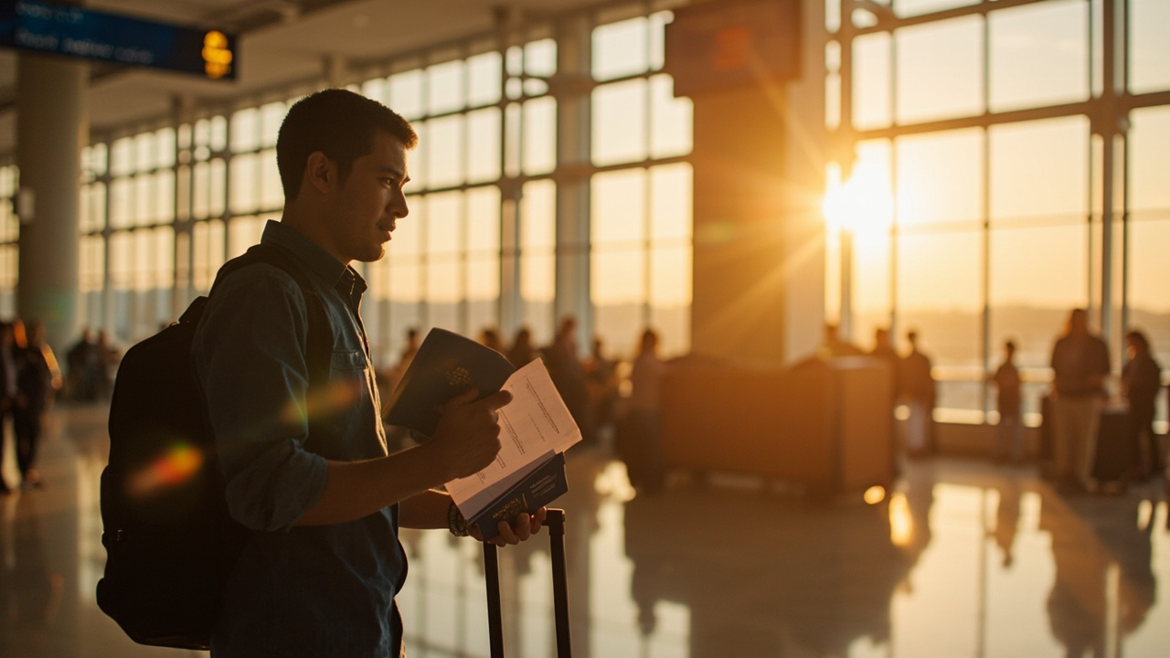 American traveler holding a blue US passport and a printed eVisa PDF at a sunlit Cambodian airport arrivals hall