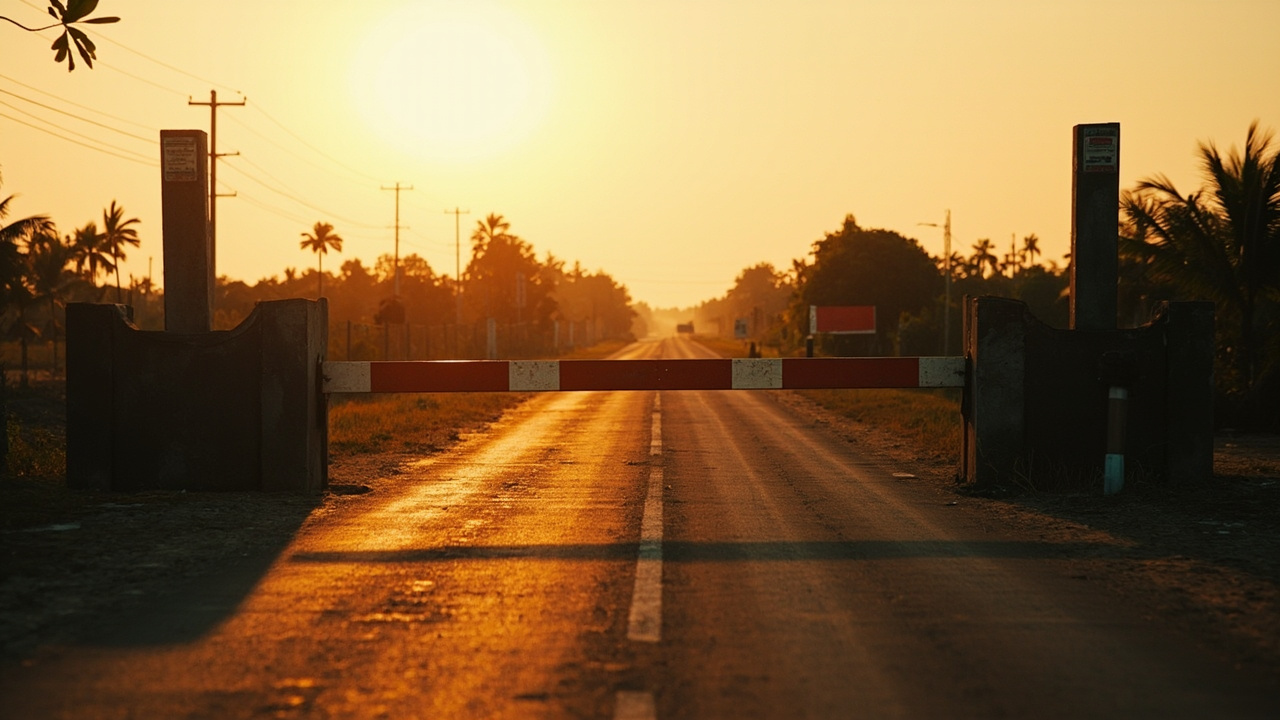A quiet closed land border gate on a rural Southeast Asian road at golden hour with a lowered barrier and no traffic