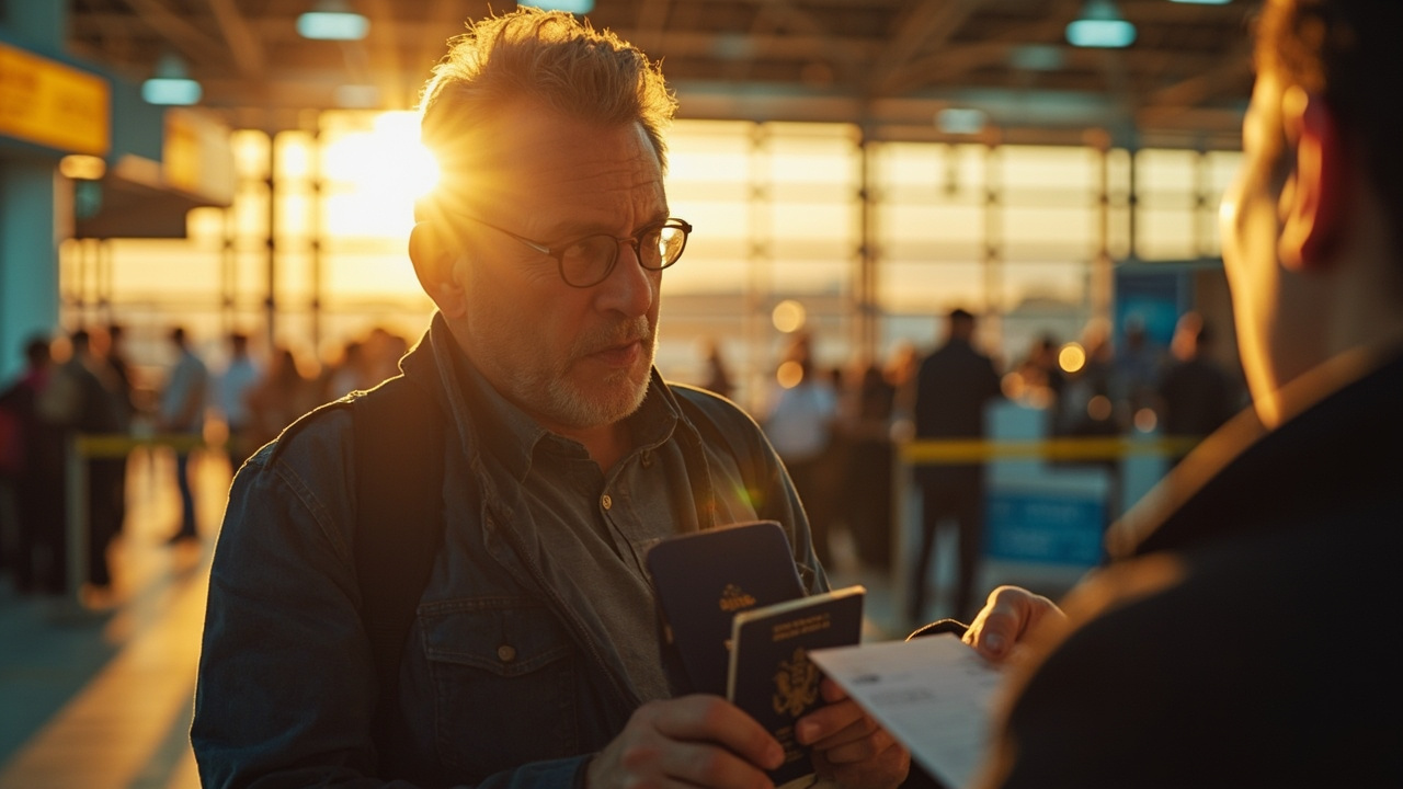 American traveler calmly presenting an open blue US passport and a printed eVisa at a Cambodian airport immigration desk at golden hour