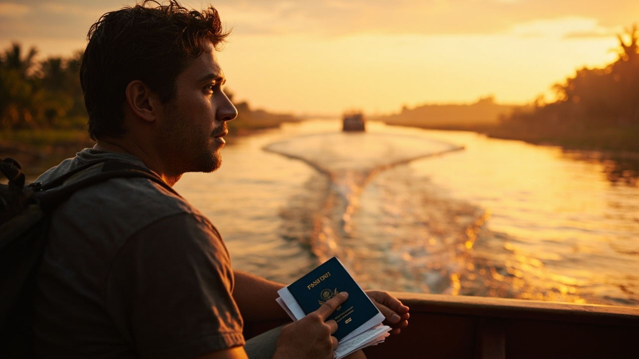 American backpacker on a wooden Mekong river boat approaching a rural land and river border crossing at golden hour