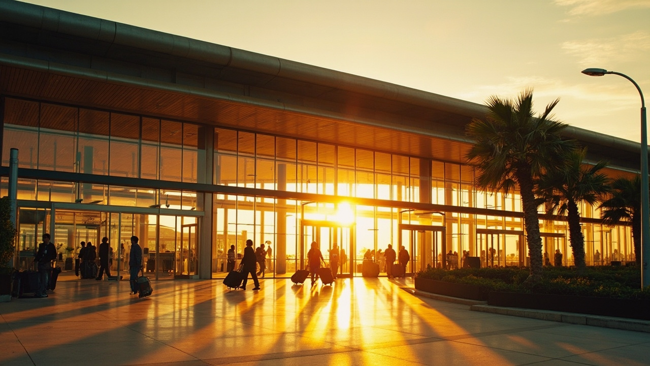 Sleek modern Cambodian international airport terminal exterior at golden hour with American travelers arriving