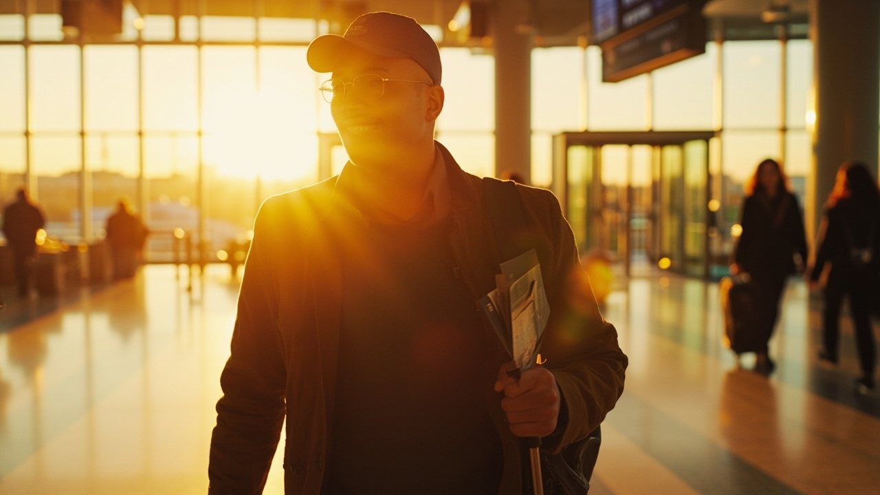 American traveler with a carry-on walking toward a departure gate at golden hour, holding a blue US passport and a boarding pass