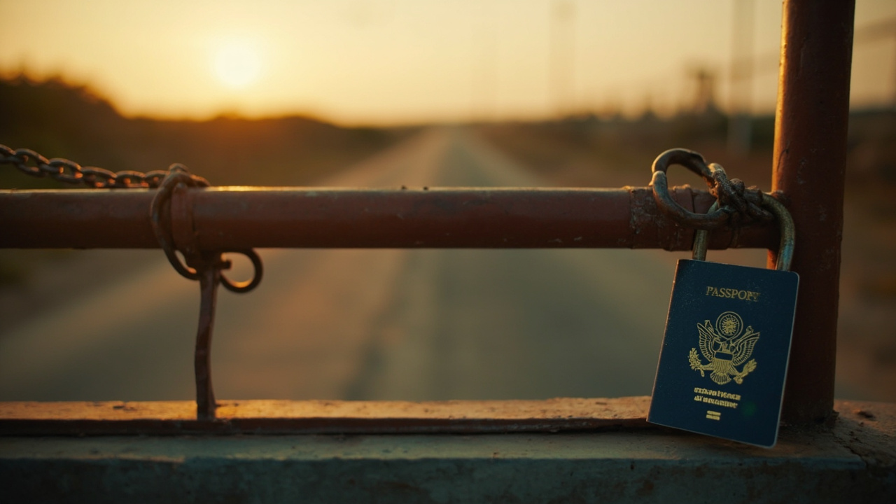 Close-up of a padlocked barrier gate across a deserted border road at golden hour, with a blue American passport resting on a nearby ledge