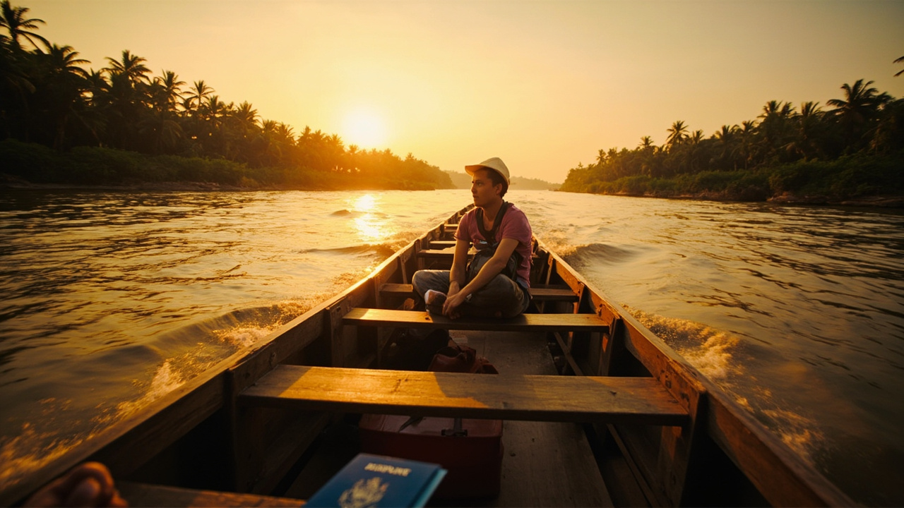 Small wooden riverboat carrying travelers along the Mekong toward a Cambodian river crossing at golden hour