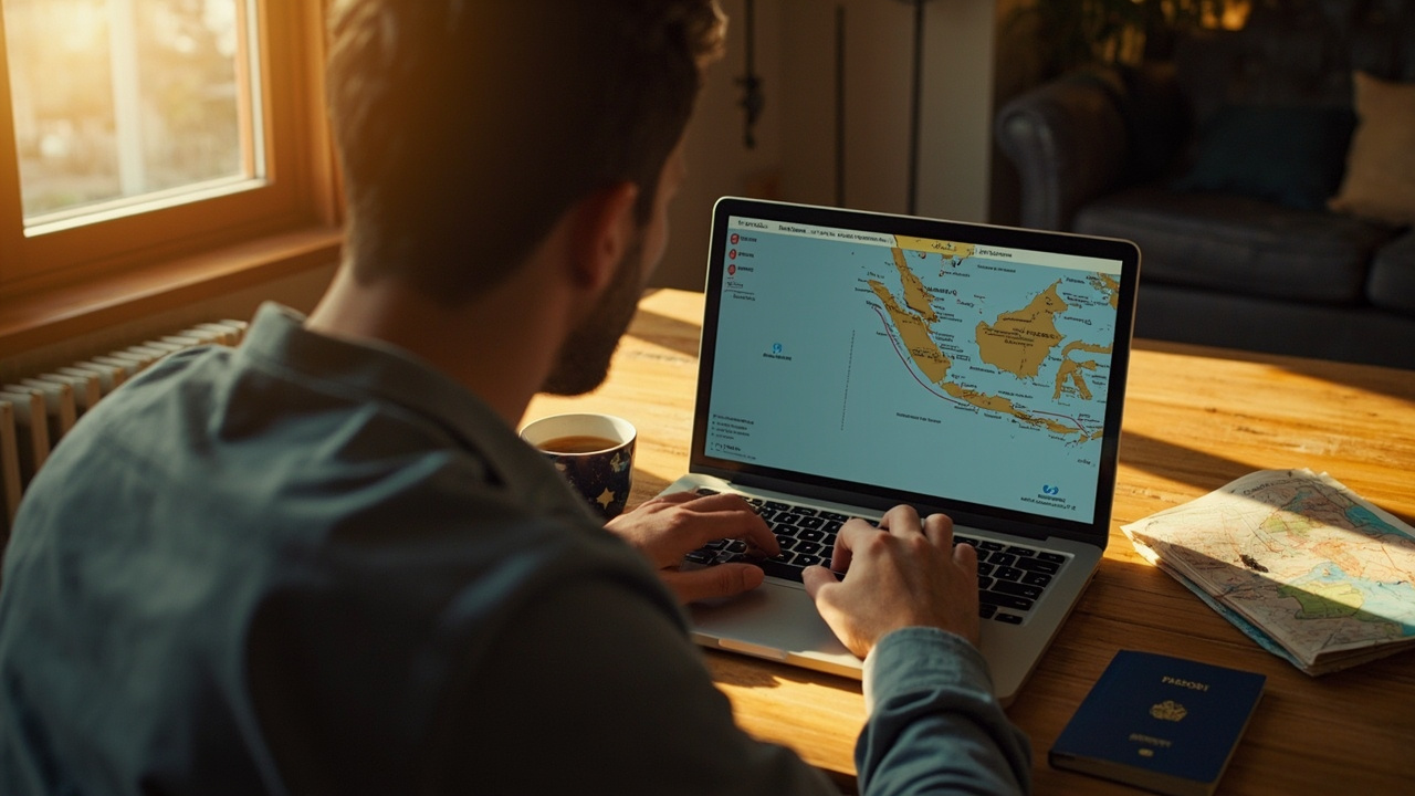 American traveler at a sunlit home desk re-planning a Southeast Asia trip on a laptop, with a blue US passport and a folded paper map nearby