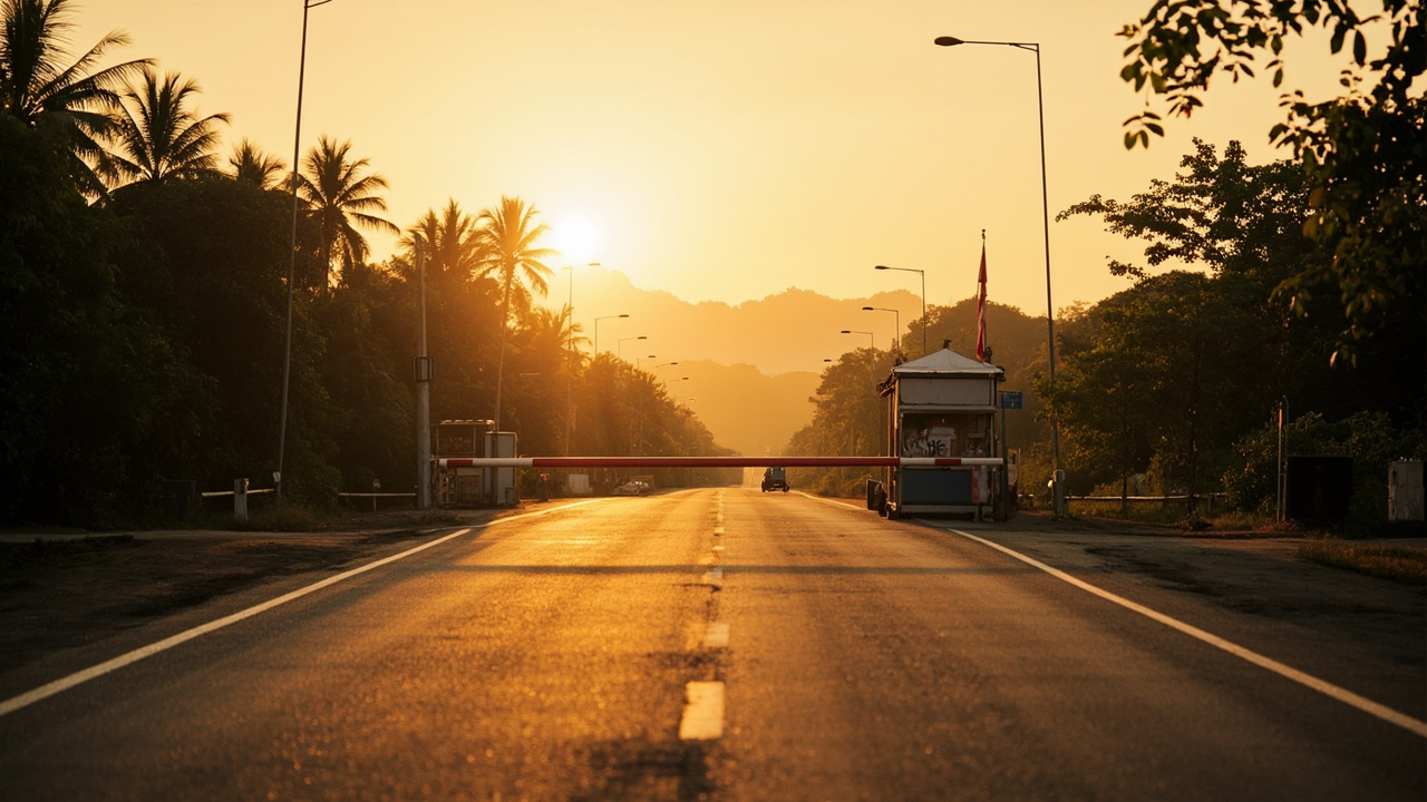 A closed land-border crossing barrier on a quiet road between Thailand and Cambodia at golden hour with no traffic