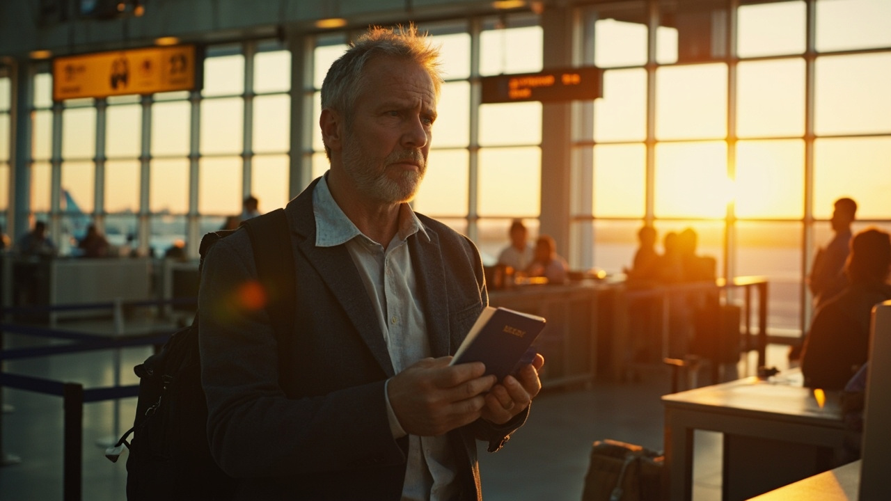 An American traveler standing at a soft-focus airport boarding counter looking concerned while holding only a passport, with no visa printout
