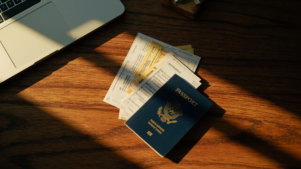 A blue US passport with a folded printed eVisa PDF tucked inside, resting on a warm wooden desk beside a boarding pass in golden light