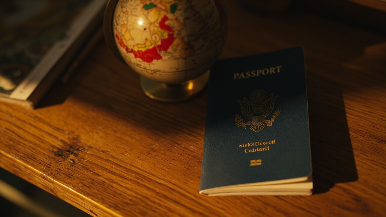 A closed blue US passport resting on a warm wooden desk beside a small softly lit world globe in golden afternoon light