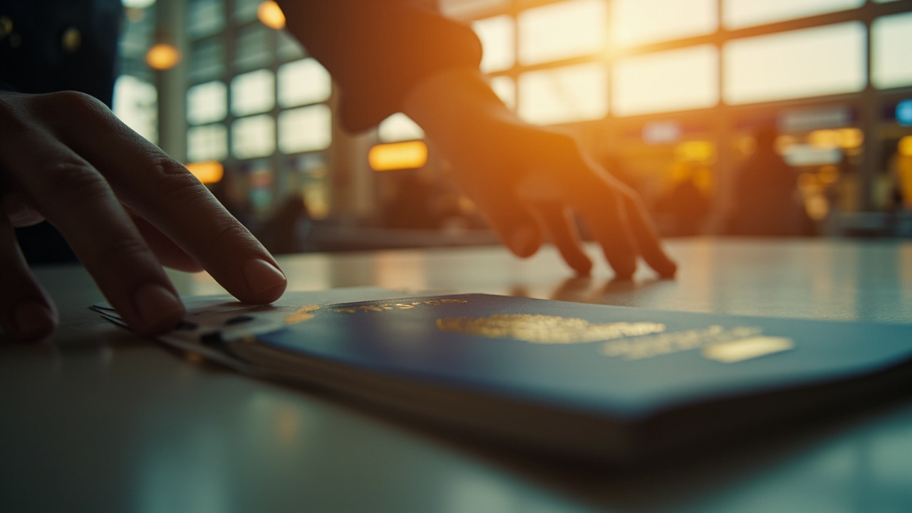 Close-up of an American blue passport being stamped at a soft-focus Cambodian immigration desk at golden hour, marking the start of the 30-day stay