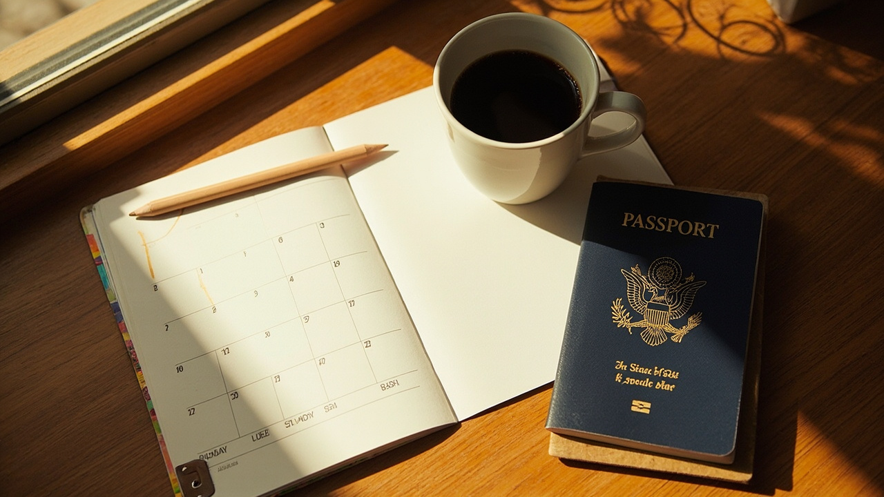 Overhead flat-lay of a paper calendar with travel dates lightly circled, a blue US passport, a pencil, and a coffee on a warm wooden table