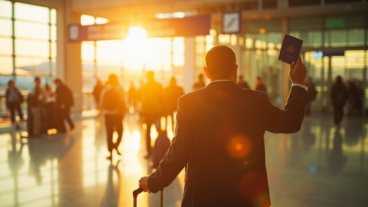 American traveler with a wheeled carry-on walking toward a soft-focus departure gate at a Cambodian airport at golden hour, blue passport in hand