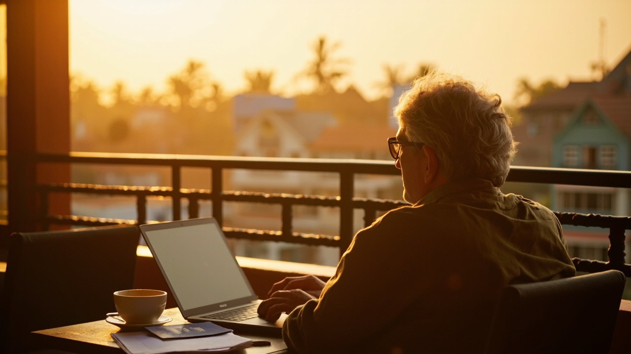American long-stay traveler working on a laptop on a sunlit balcony overlooking a Cambodian cityscape at golden hour, passport on the table