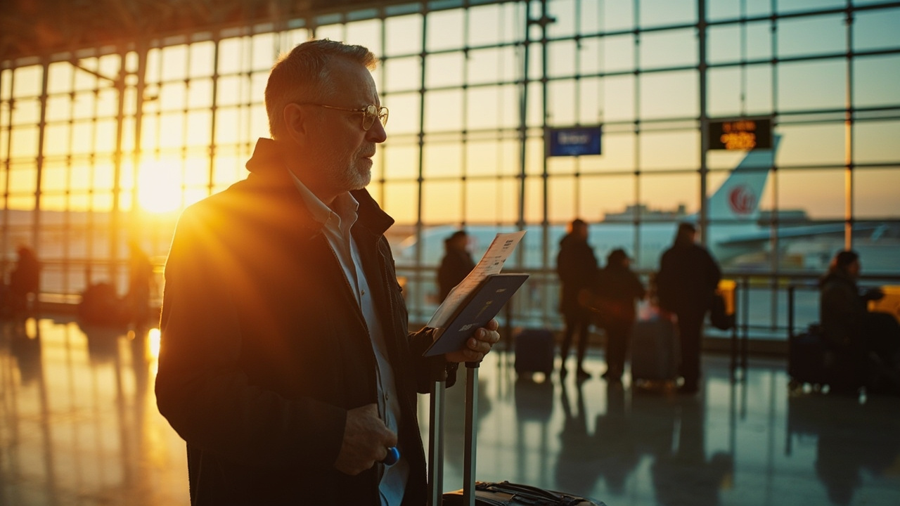American traveler with a rolling carry-on presenting a blue US passport and folded printout at a soft-focus airport gate at golden hour