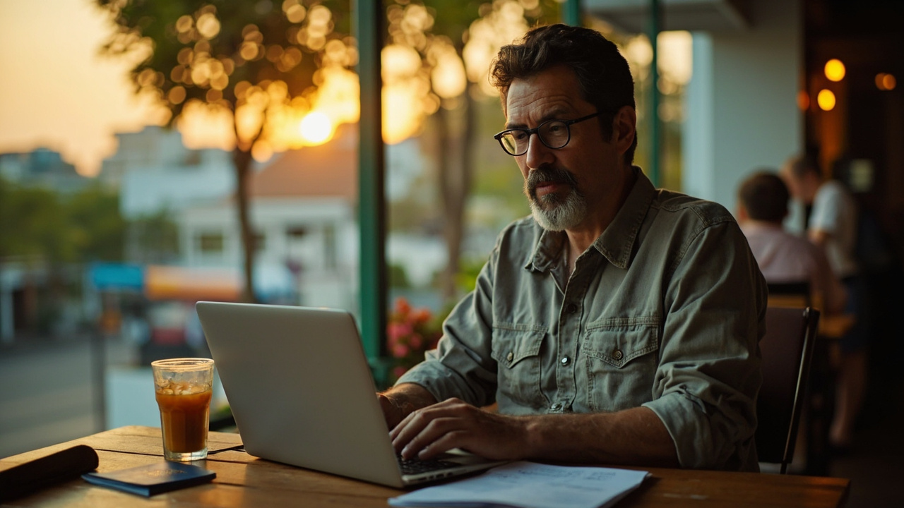 American long-stay traveler working on a laptop at a Phnom Penh cafe balcony with a blue US passport on the table at golden hour