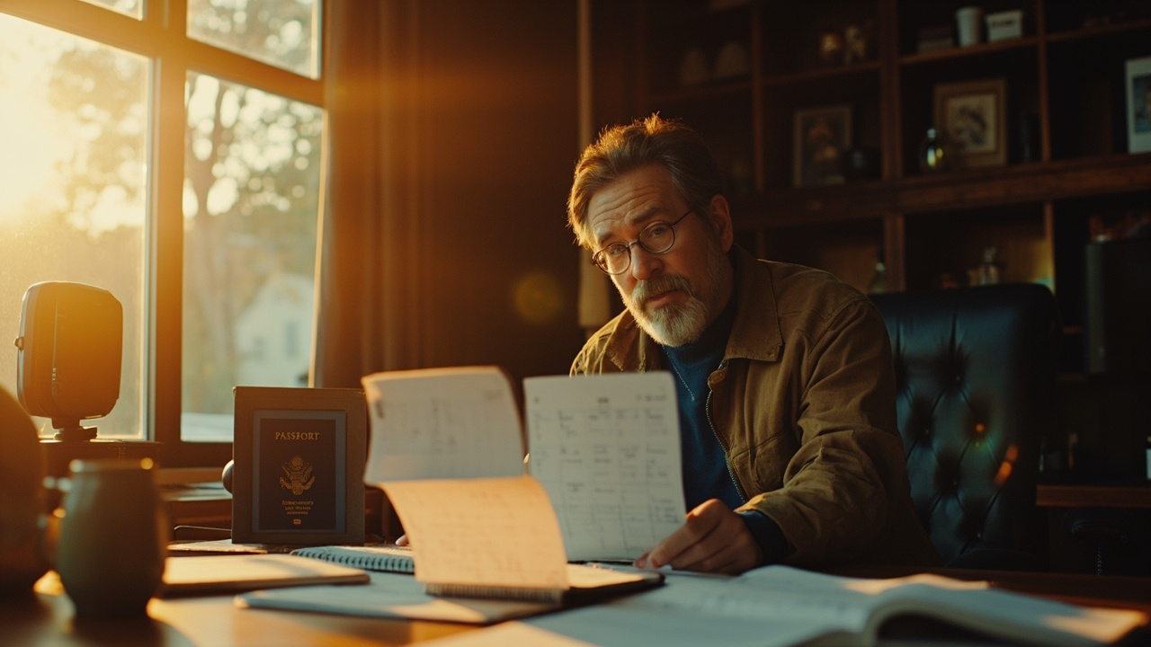 American traveler at a sunlit home desk comparing two calendar pages beside an open blue US passport, thinking through trip dates
