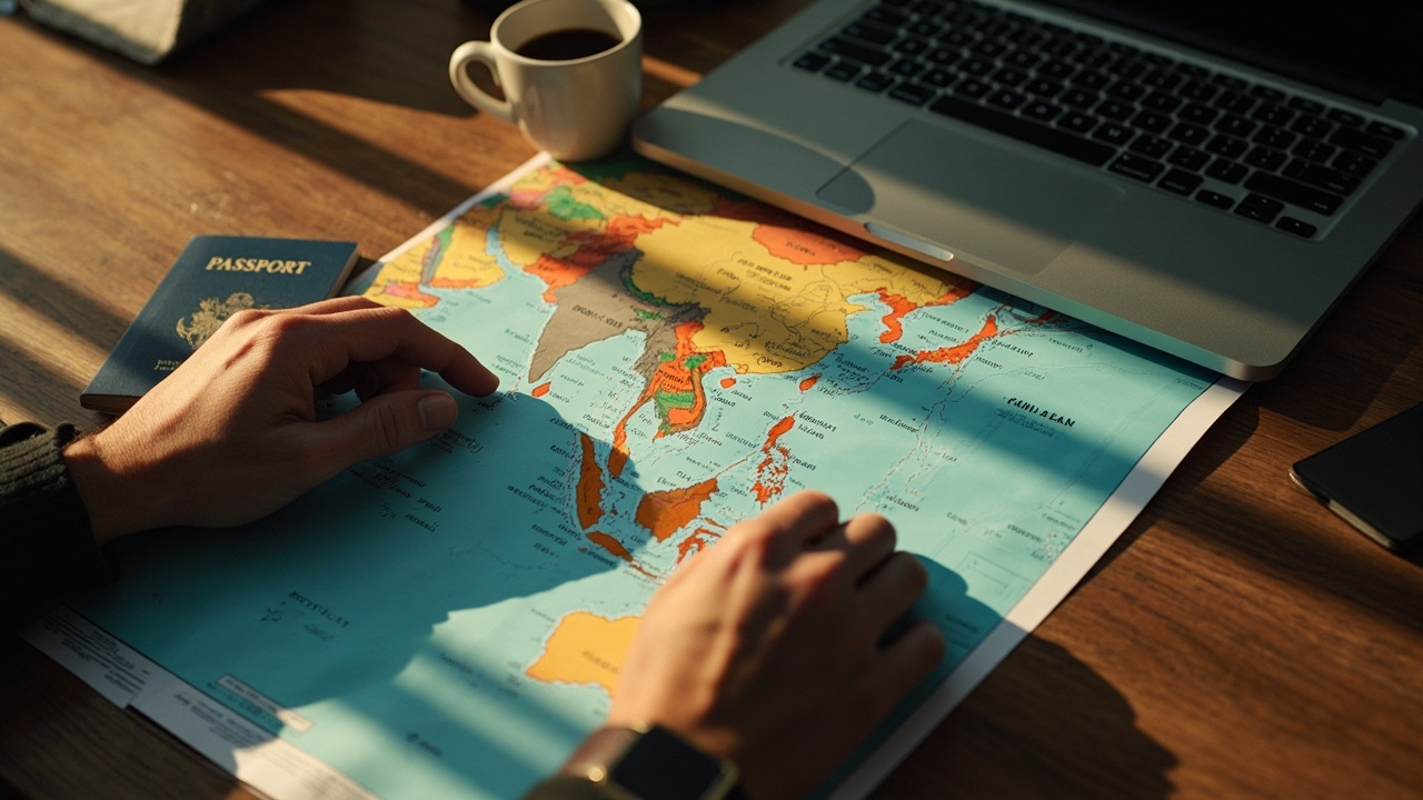 American traveler planning a Southeast Asia itinerary on a laptop and folded paper map with a blue US passport on a warm wooden table
