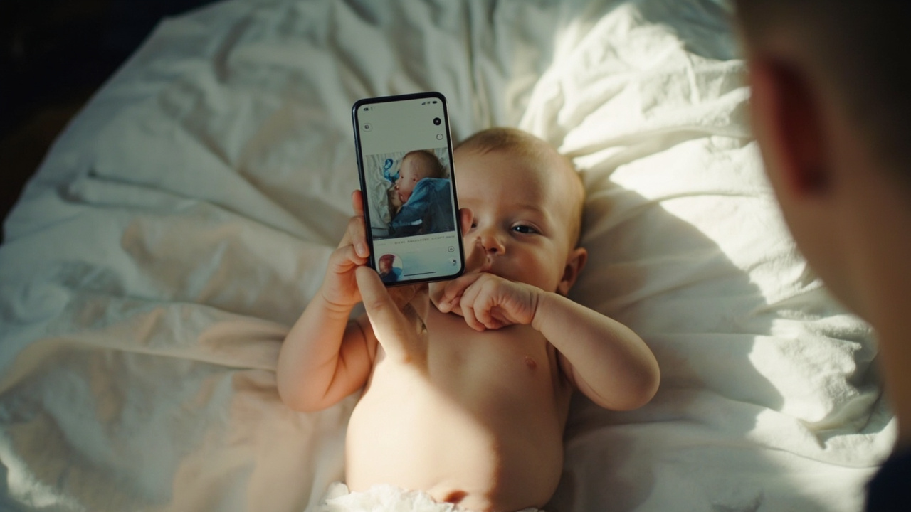 Overhead view of a calm infant lying on a plain white sheet with a parent taking a passport-style photo on a smartphone from above