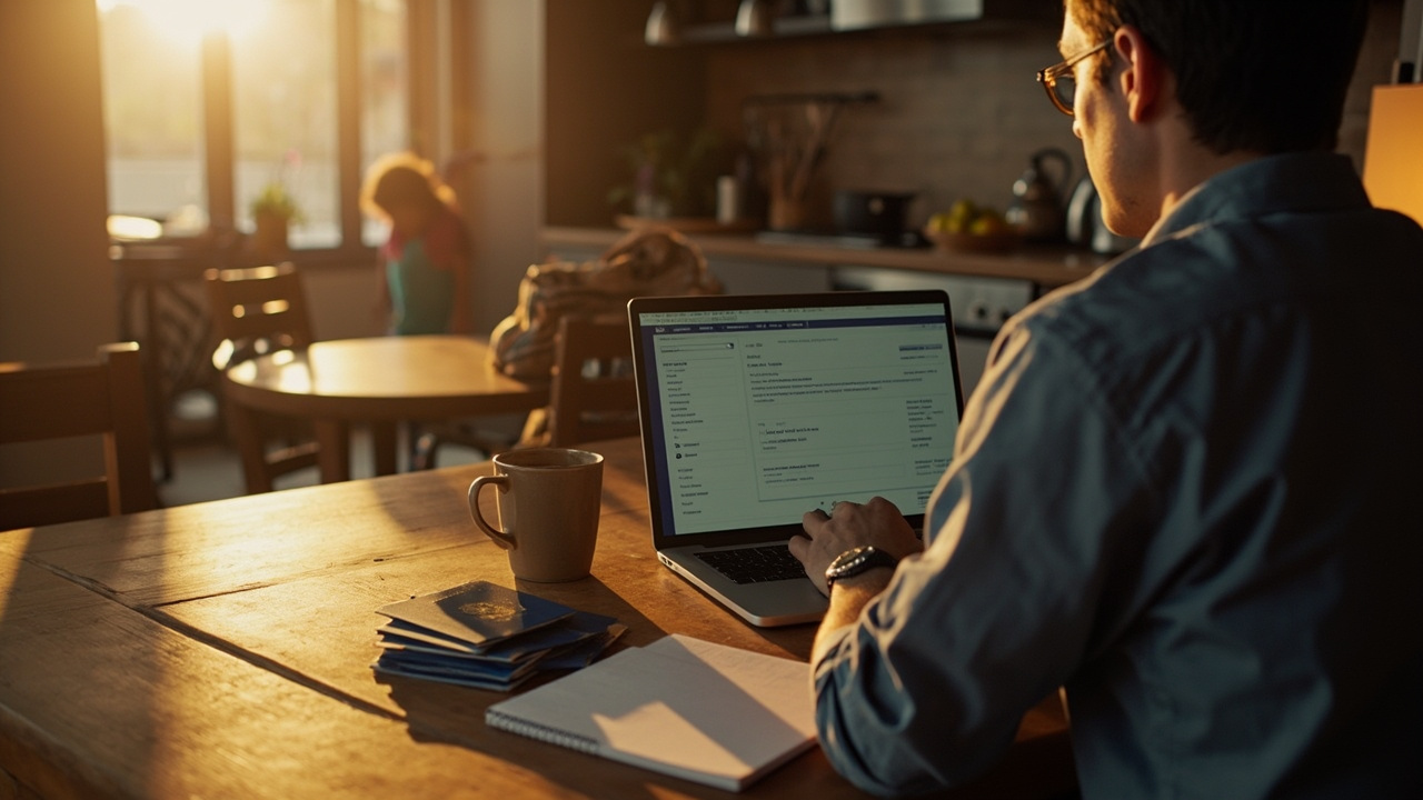 American parent at a kitchen table working through several eVisa applications on a laptop with a stack of blue US passports beside it
