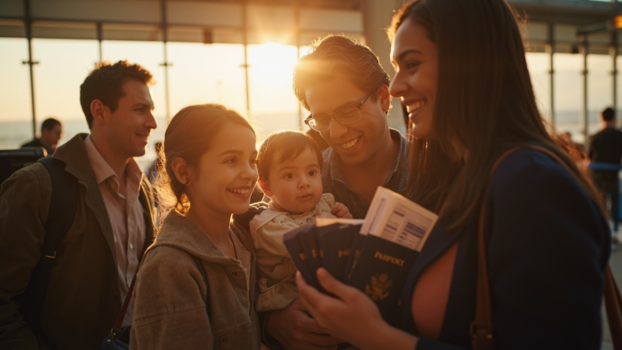 American family of four approaching a soft-focus airport immigration counter, parents holding passports and printed eVisas for each child
