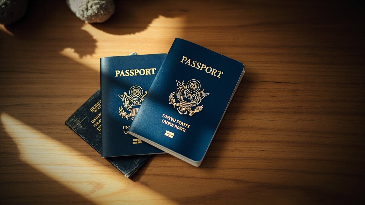 Overhead flat-lay of a small infant-size blue US passport beside a larger adult US passport on a warm wooden desk