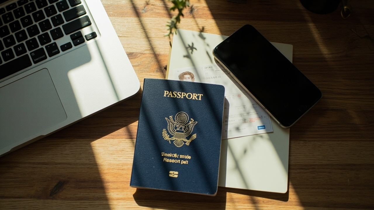Overhead flat-lay of a blue US passport, a printed passport-style photo, a smartphone, and an open laptop on a warm wooden home-office desk