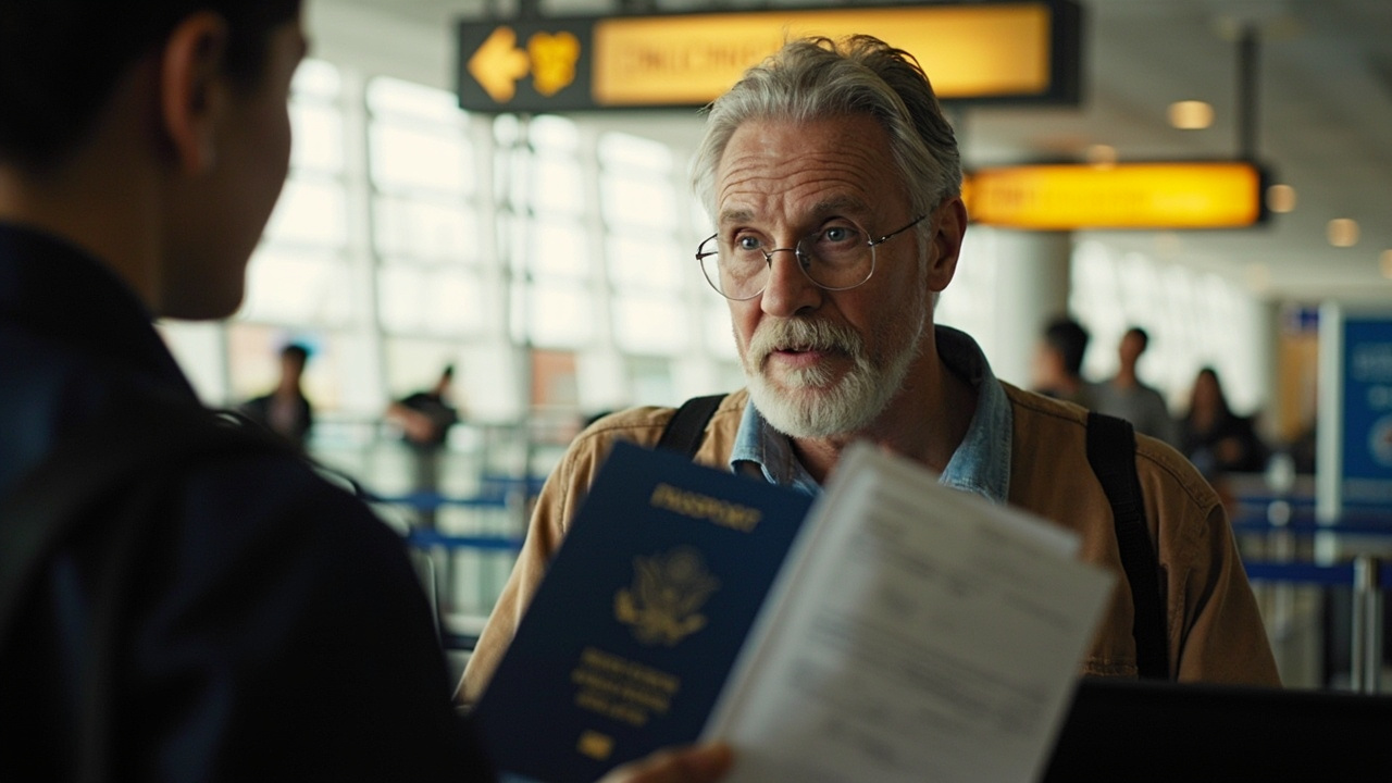 American traveler calmly presenting an open blue US passport and a folded printout at a soft-focus airport immigration counter in a modern Cambodian terminal