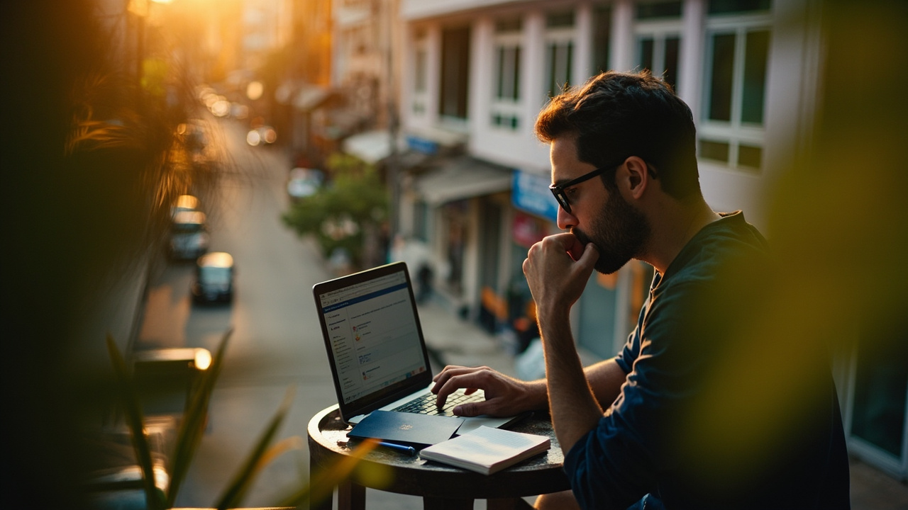 American digital nomad in their 30s working on a laptop on a leafy balcony overlooking a Phnom Penh street at golden hour