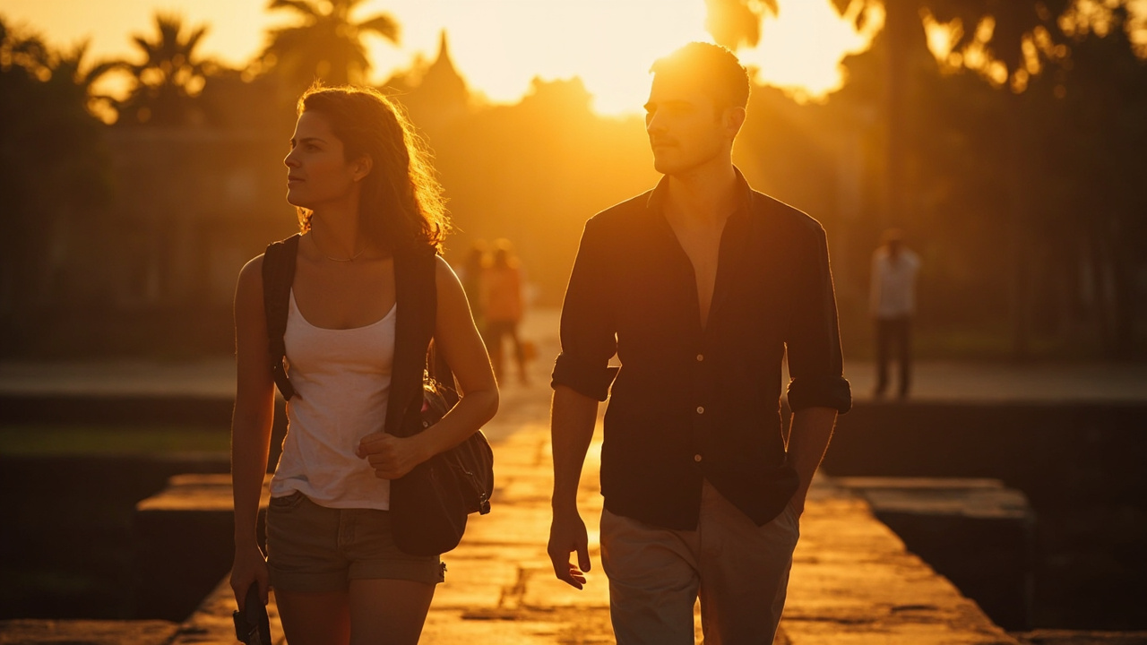 American tourist couple in their 30s exploring an ancient temple causeway in Cambodia at golden hour with a small backpack