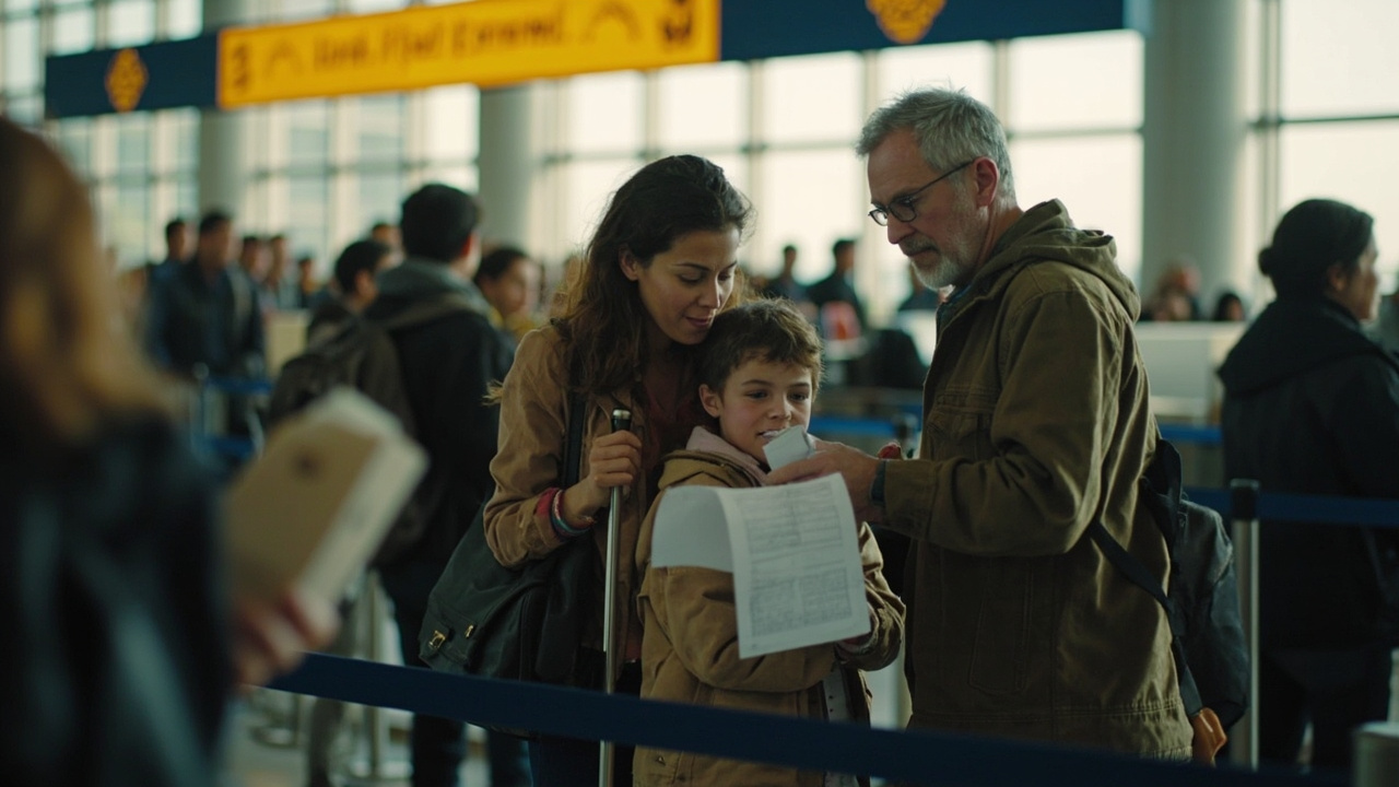 Weary American travelers waiting in a line at an airport arrivals counter after a long-haul flight