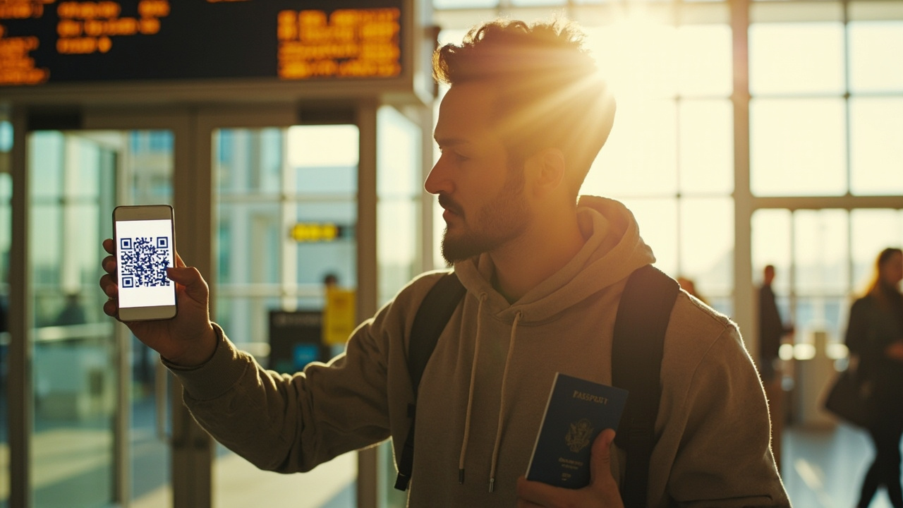 American traveler holding a smartphone showing a generic QR code at a sunlit airport entry point with a blue US passport in the other hand