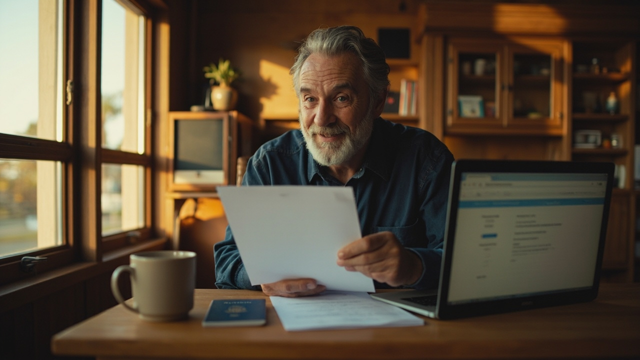 American traveler at a sunlit home desk holding a freshly printed eVisa printout beside an open laptop and a blue US passport
