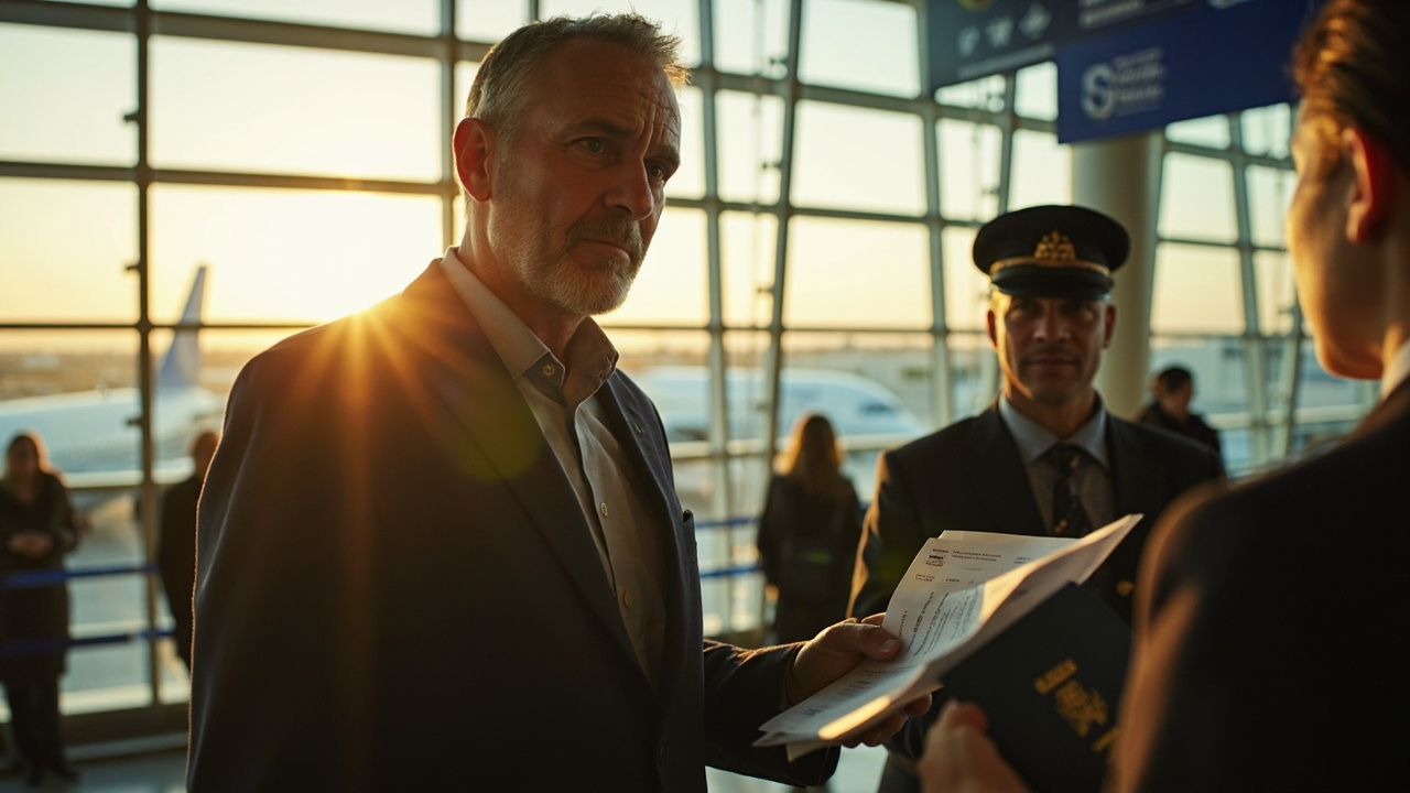 American traveler presenting an open blue US passport and a folded printout to a gate agent at a US departure gate at golden hour