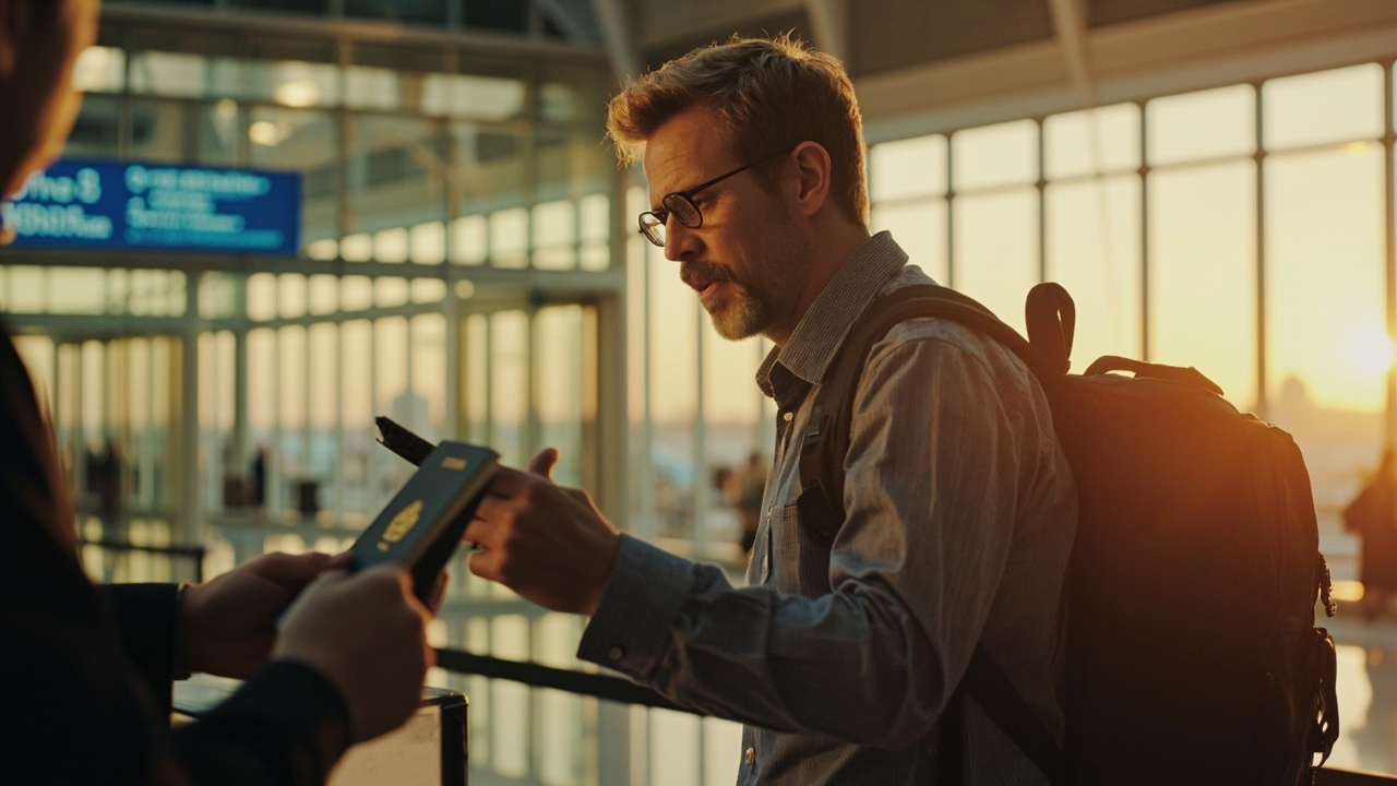 American traveler answering a brief question at an immigration counter while presenting a blue US passport at golden hour
