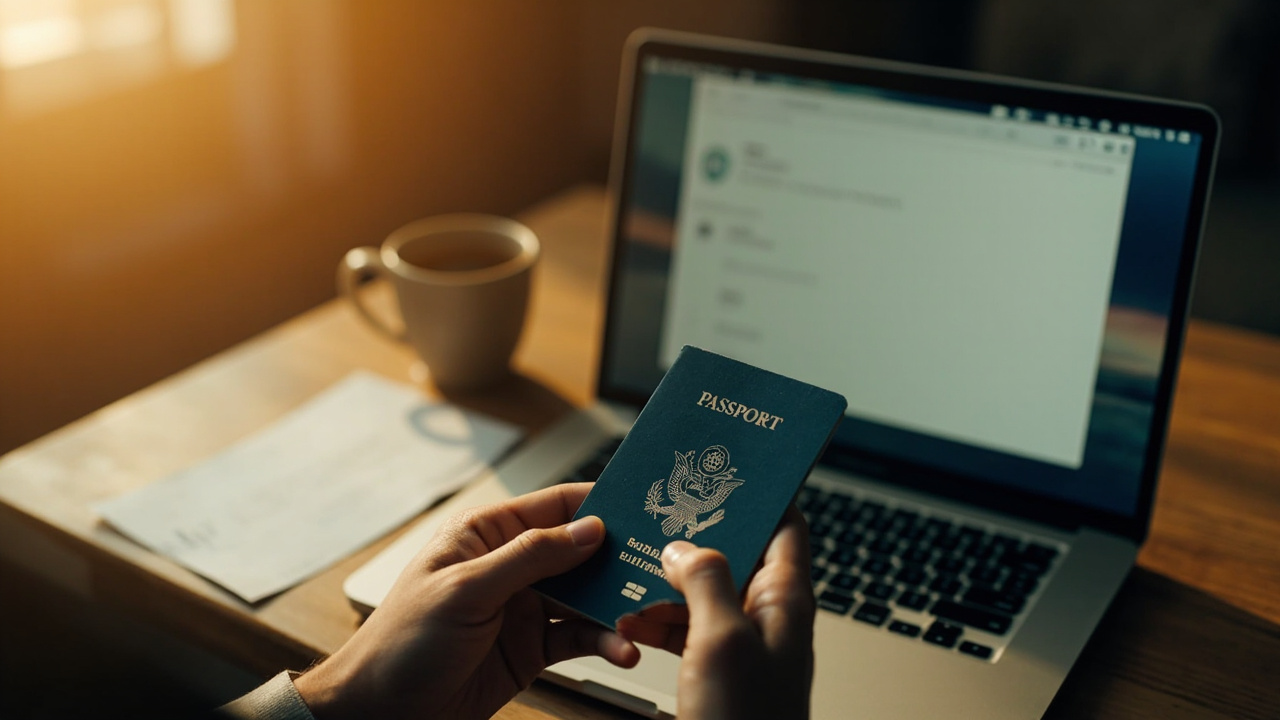 Close-up of hands opening a blue US passport to the bio page on a warm wooden desk beside an open laptop at golden hour