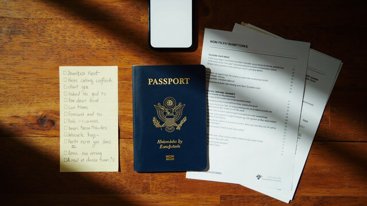 Overhead flat-lay of a blue US passport, two printed documents, a smartphone, and a handwritten checklist on a warm wooden desk