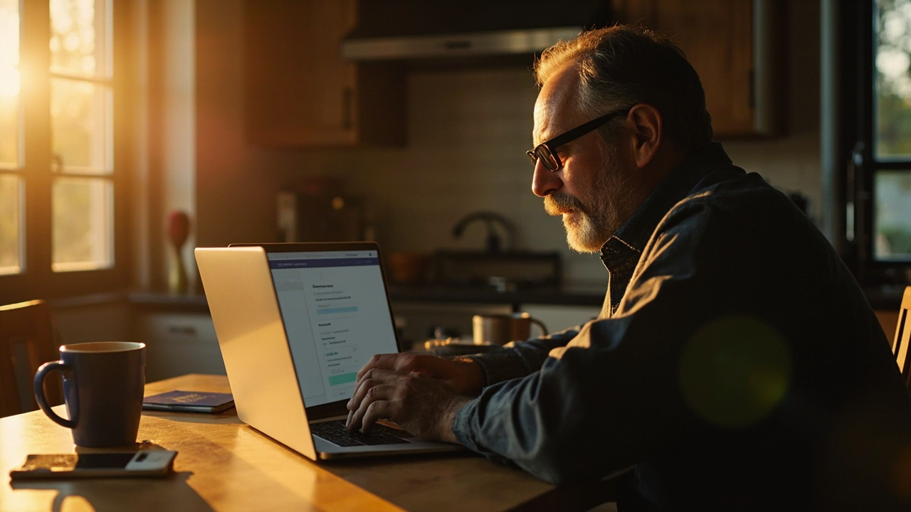 Relaxed American traveler at home filling out a visa application on a laptop with a blue US passport beside them at golden hour