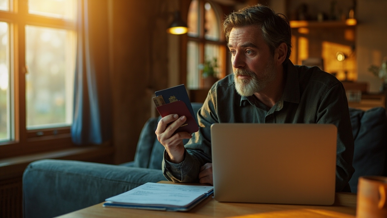 American traveler in their late 30s at a sunlit home desk deciding between two passports in front of an open laptop