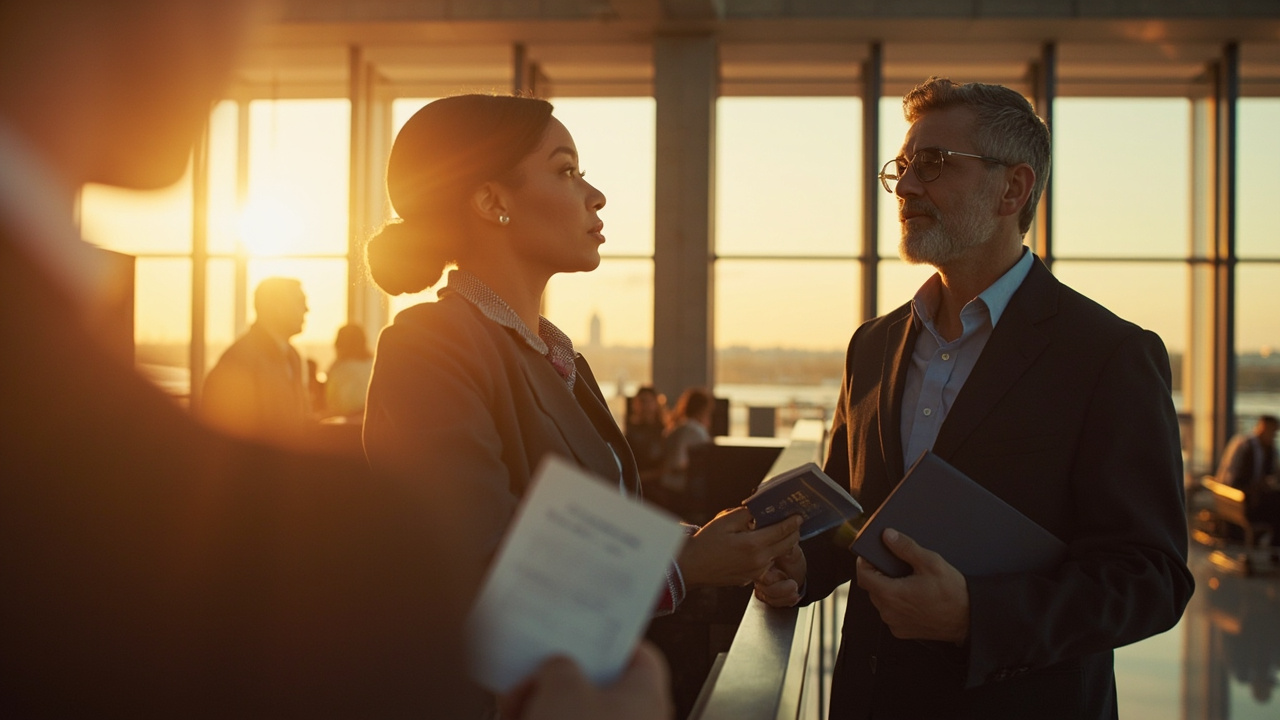 American traveler presenting a single passport and folded printout at a soft-focus Cambodian airport immigration counter at golden hour
