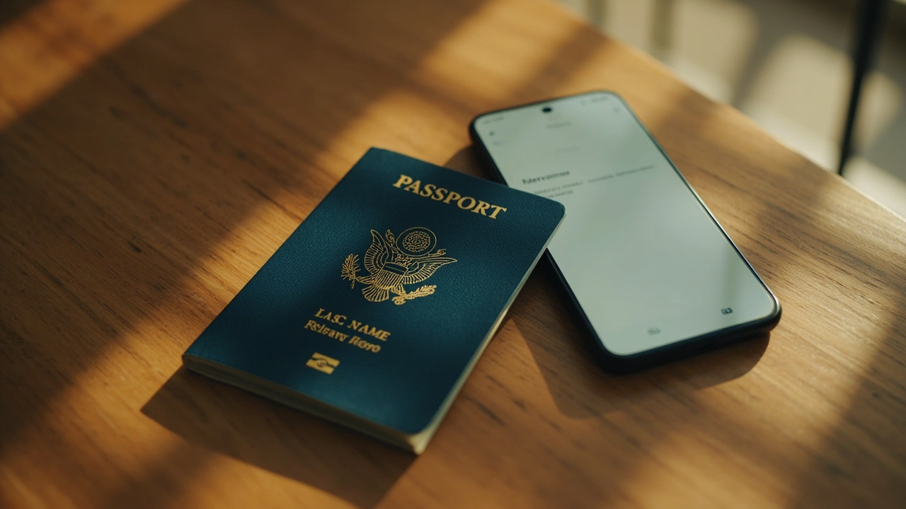 Overhead close-up of an open US passport bio page on a warm wooden table beside a smartphone showing a generic form field