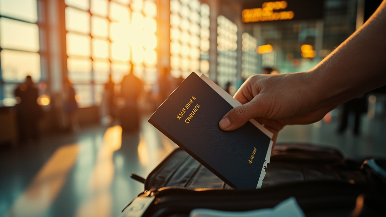 Single deep blue US passport held with a folded boarding pass at a soft-focus US airport check-in counter at golden hour