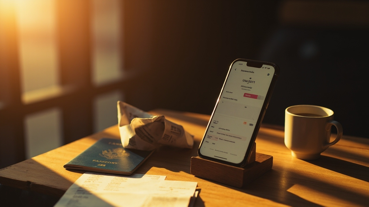 Desk scene with a phone showing a generic calendar, a blue American passport, and a coffee, lit by warm afternoon light
