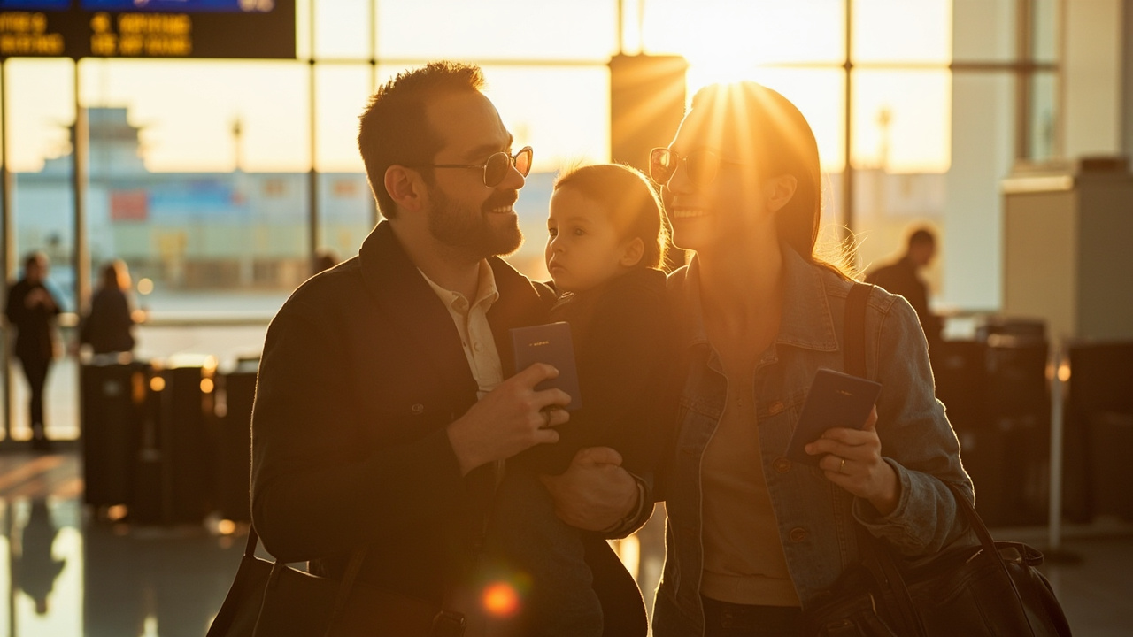 American family with a young child at a sunlit US airport departure area, each holding their own blue passport