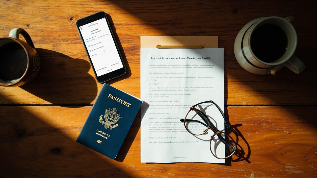 Overhead desk scene with a blue American passport, a folded printed PDF document, and a smartphone showing a generic form UI