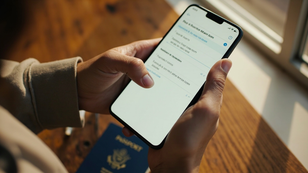 Close-up of hands holding a smartphone showing a generic three-section digital form beside an open blue American passport