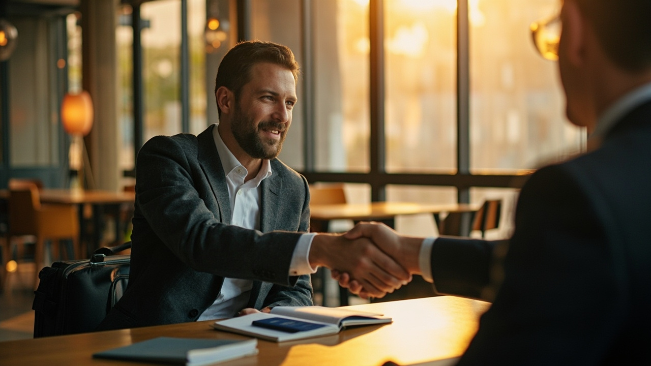 American business traveler with a laptop bag shaking hands across a table in a warm, sunlit modern office, blue US passport and notebook on the table