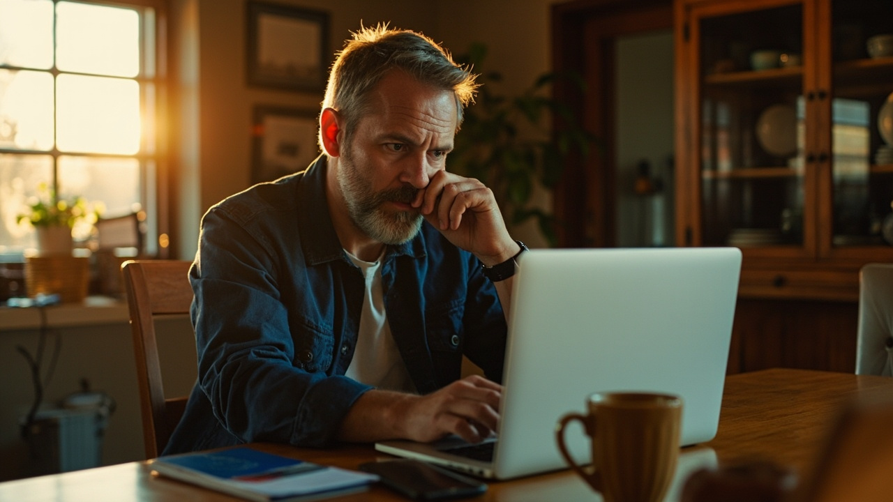 American traveler at a home dining table comparing two visa options on a laptop at golden hour, blue US passport and a coffee mug beside them