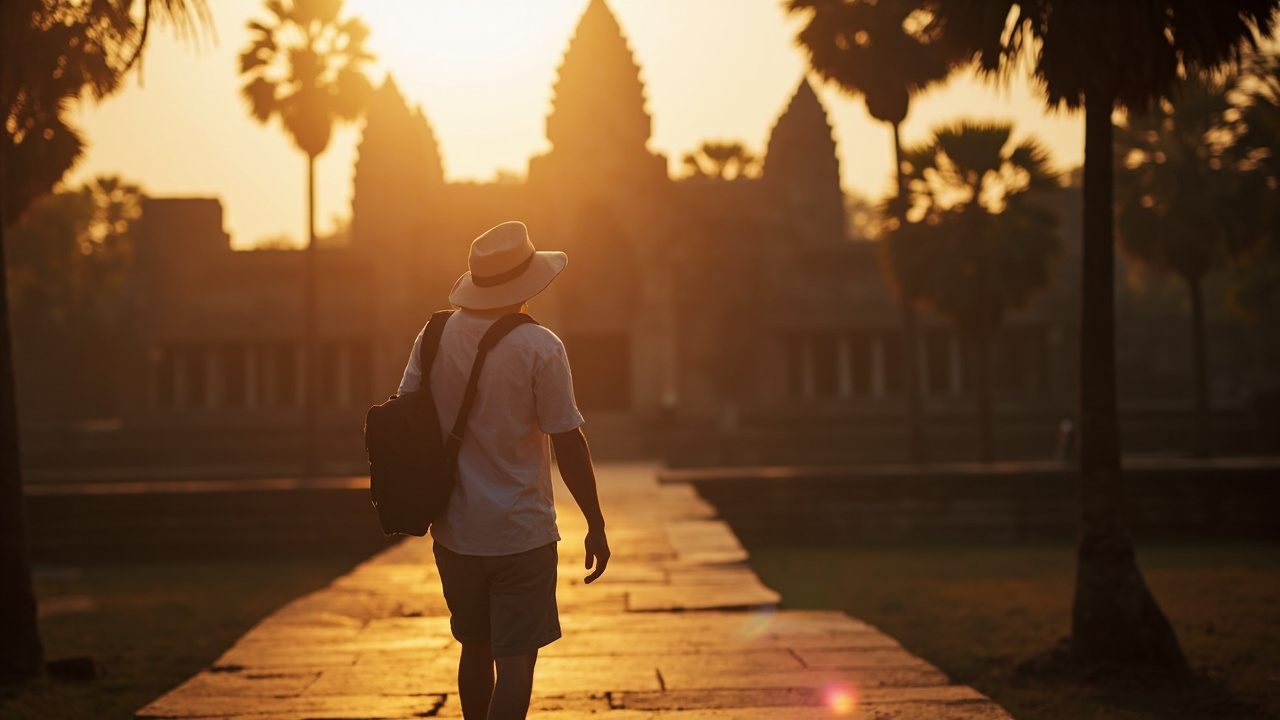 American leisure traveler in vacation clothes and a sun hat walking through a sunlit Angkor temple causeway at golden hour, small backpack on one shoulder