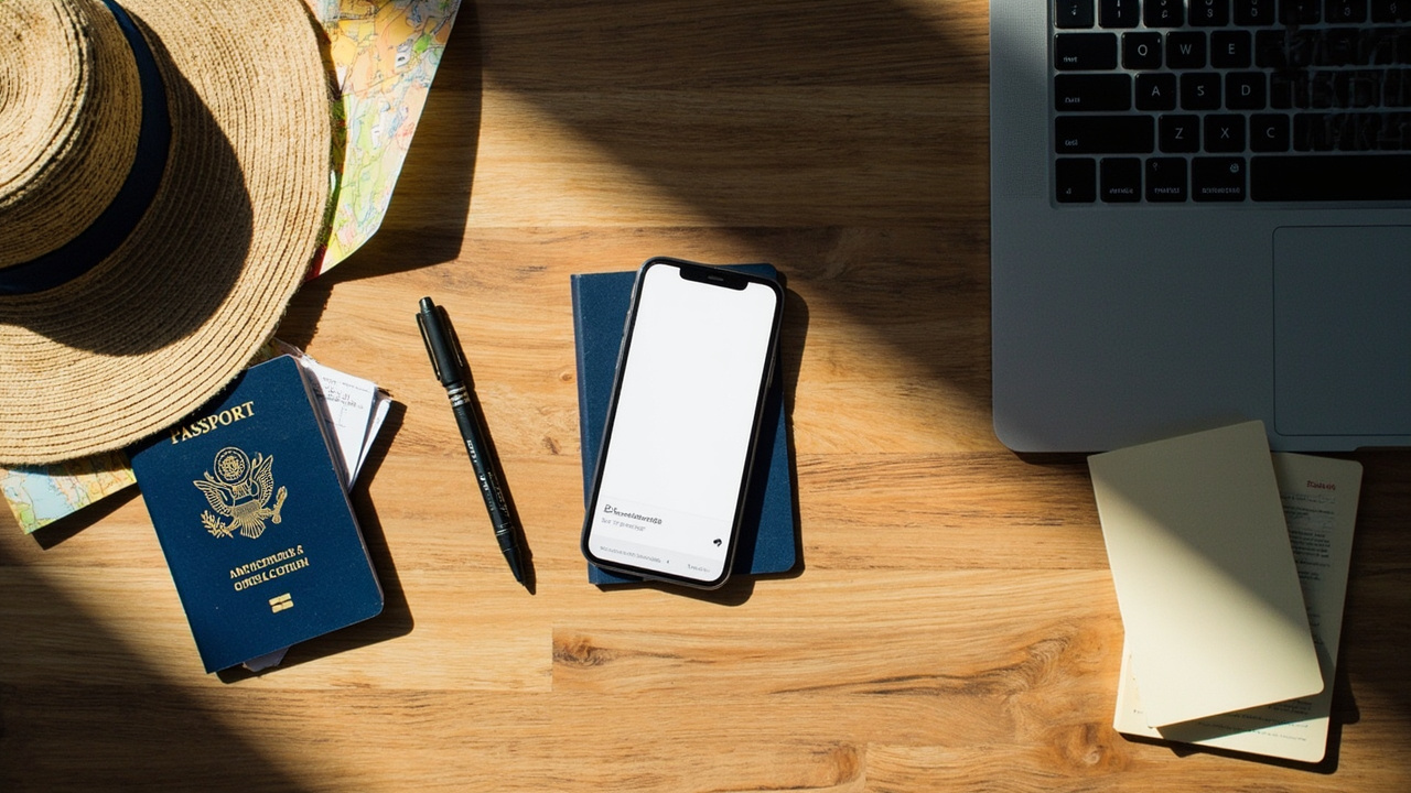 Overhead flat-lay of two blue US passports on a warm wooden desk, one beside a sun hat and the other beside a laptop, with a smartphone showing a generic application form